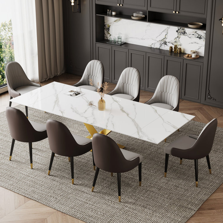 Terrile Dining Table Set for 6-10 with 94.5'' Extendable Sintered Stone Top 8 Faux Leather Chairs