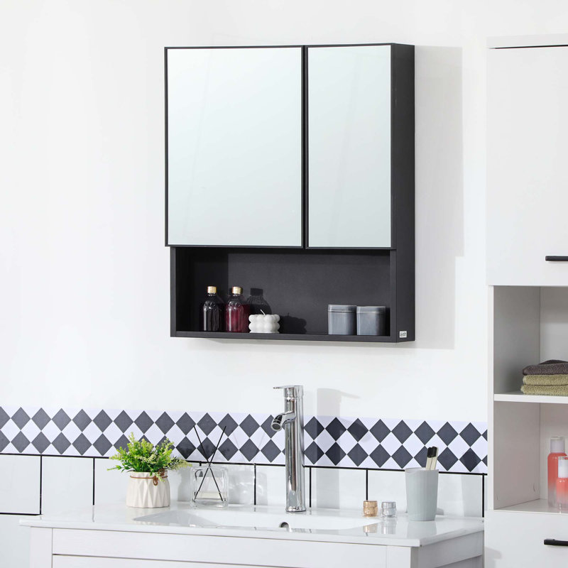 Armoire à pharmacie murale, miroir de salle de bain avec portes doubles et tablettes de rangement