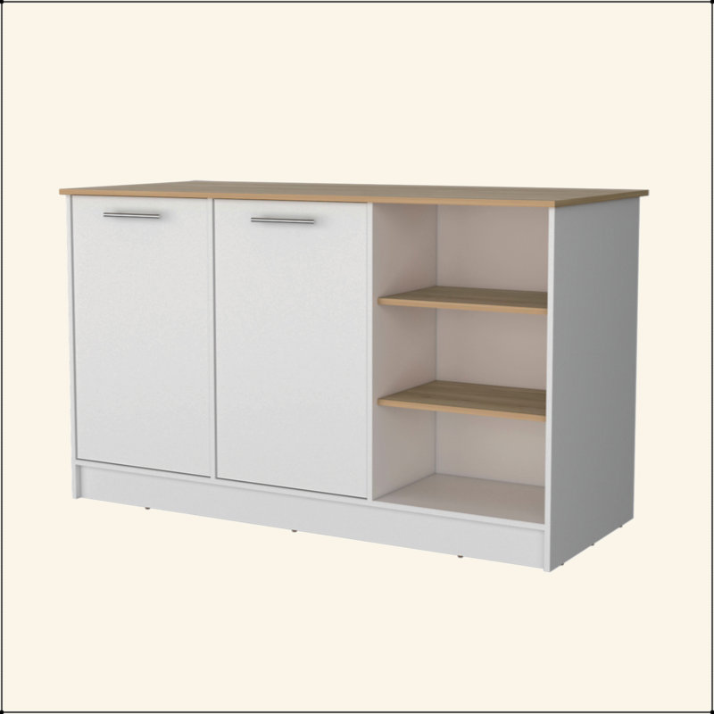 White And Ash 2-Door Kitchen Island With 3 Open Shelves