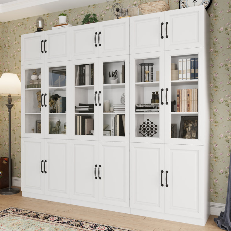 Bibliothèque à 86 niveaux H 86,6 po x l 94,5 po avec portes en verre