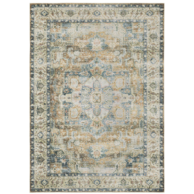 DiBernardo Machine Washable Performance Non-Skid Blue/Green/Gold Rug Mat, Rectangle 3'6" x 5'6"