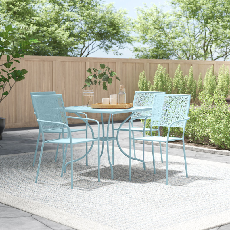 Chanea 35.5'' Square Indoor-Outdoor Steel Patio Table Set with 4 Square Back Chairs, Sky Blue