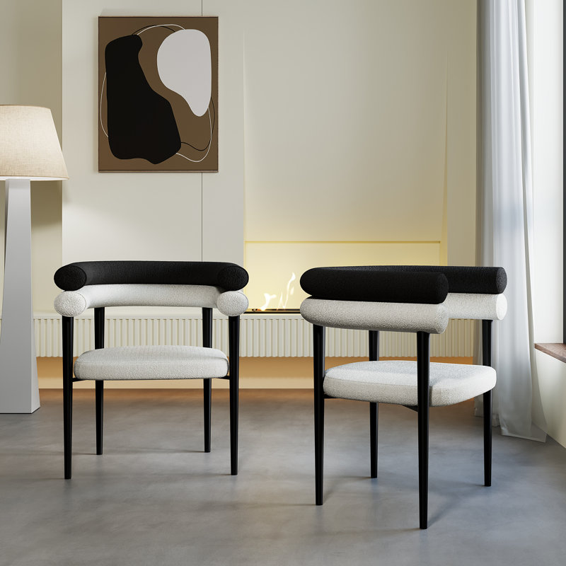 Modern Two-Tone Boucle Fabric Upholstered Dining Chair With Black Metal Legs