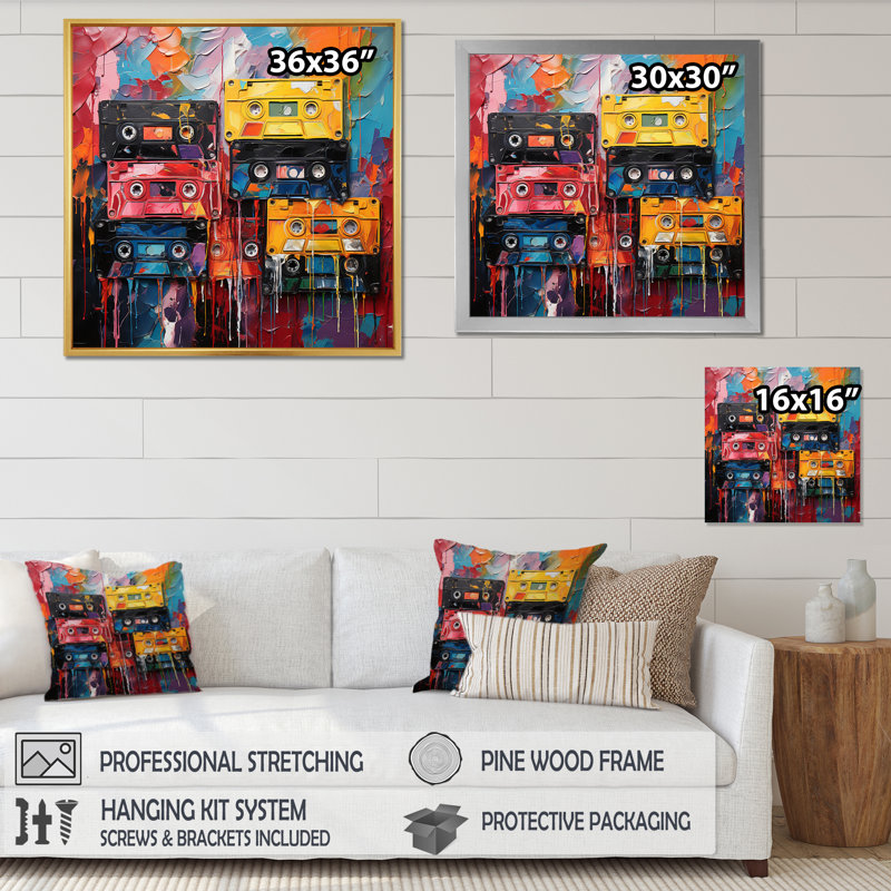 Cassette Tapes Tangled Tunes IV - Music Wall Art Prints, H 24 po x l 24 po x P 1 po, Cadre flottant noir