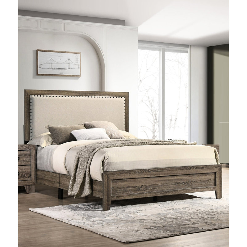 Très grand lit chic avec tête de lit tapissier grise et écrou en bois résistant en bois massif, Très grand lit, Gris