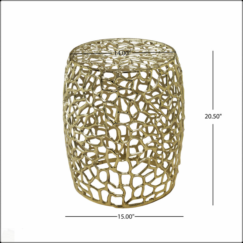 Table de bout cylindrique en aluminium fabriquée à la main avec un motif abstrait en maille complexe, pour des intérieurs modernes et élégants