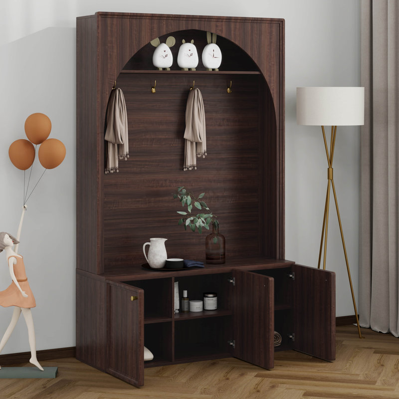 Arched Hall Tree With Storage Bench, 4 Golden Hooks, Entryway Bench With 3 Cabinets And Adjustable Shelves, Walnut