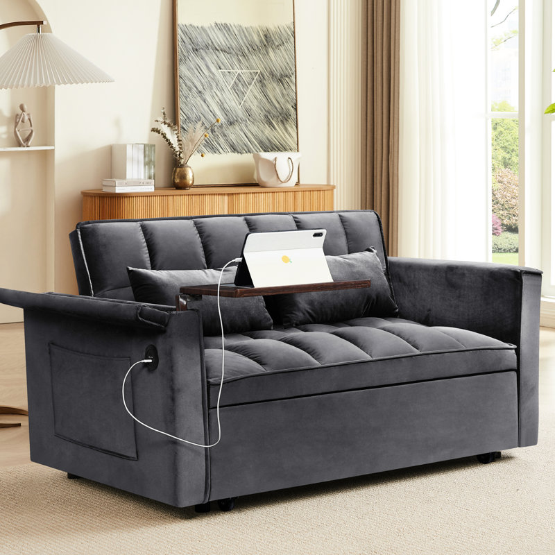 Lit de 55,5 po en velours de 31 po, dossier réglable, table d'appoint avec sac de rangement et coussins, velours de lit pliable gris foncé de luxe, option cachée et de salon