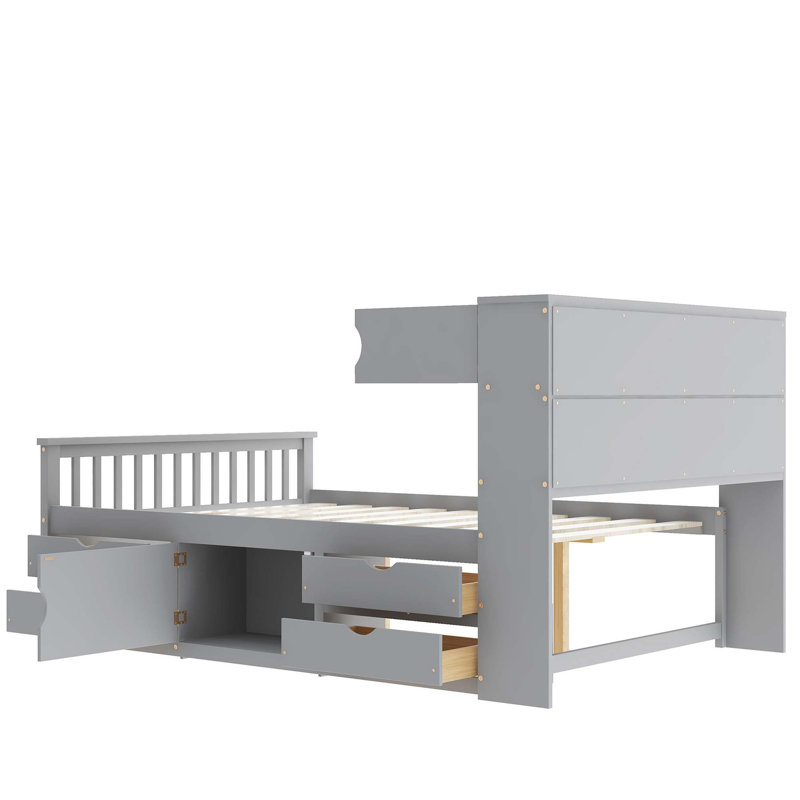 Base de lit plateforme capitaine avec bibliothèques de rangement et tablettes, quatre tiroirs, Gris