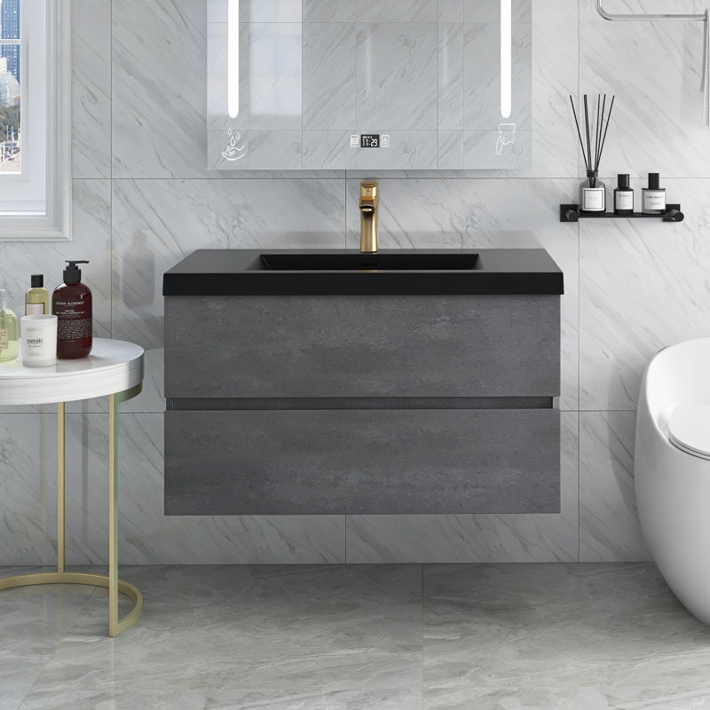 Meuble-lavabo mural simple 36 po avec plateau en marbre de culture Aleria