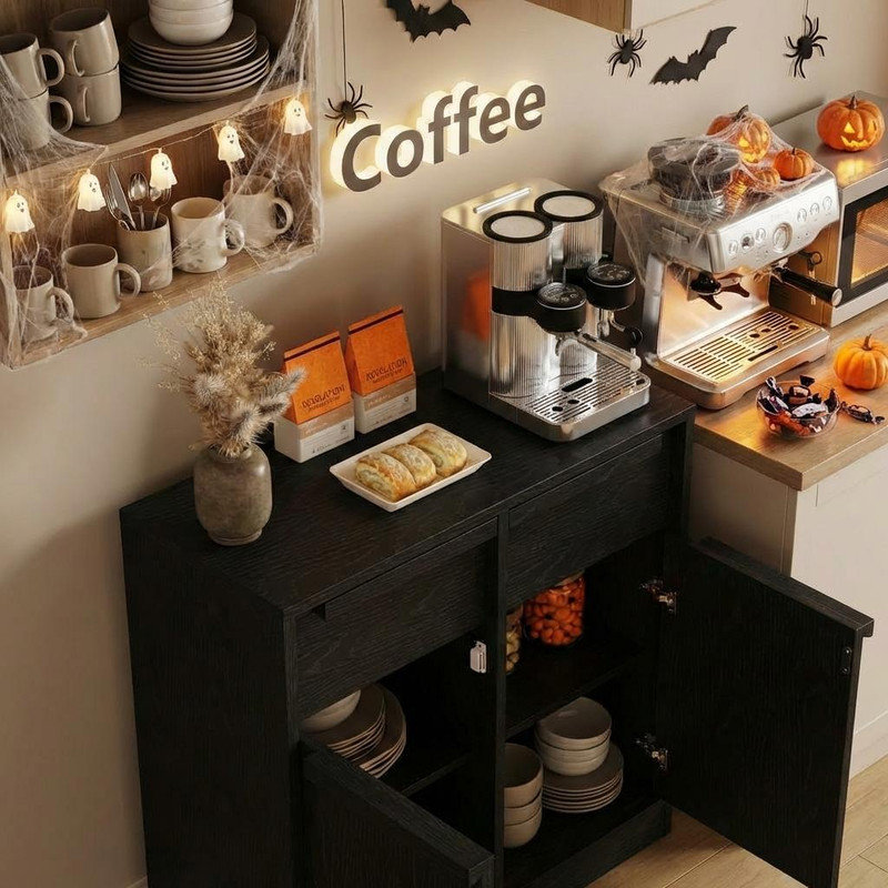 Buffet 31,5 "avec 2 tiroirs et 2 portes, table de rangement moderne noire pour la cuisine, la salle à manger, le salon, l'armoire à café