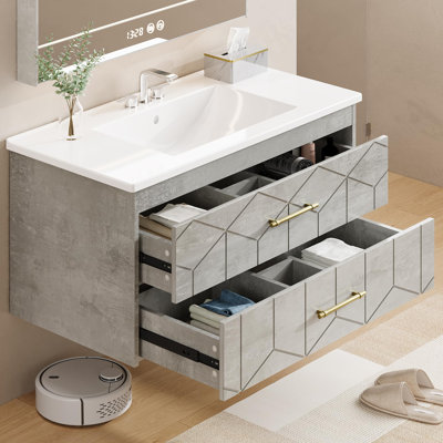 Meuble-lavabo flottant moderne de 36 po résistant à l'humidité avec lavabo, tiroirs et poignées dorées, gris