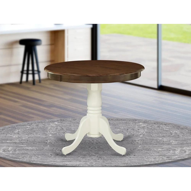 Table de salle à manger Antique Kitchen - plateau de table rond en bois avec base piédestal, Lin blanc, Noyer Acasia