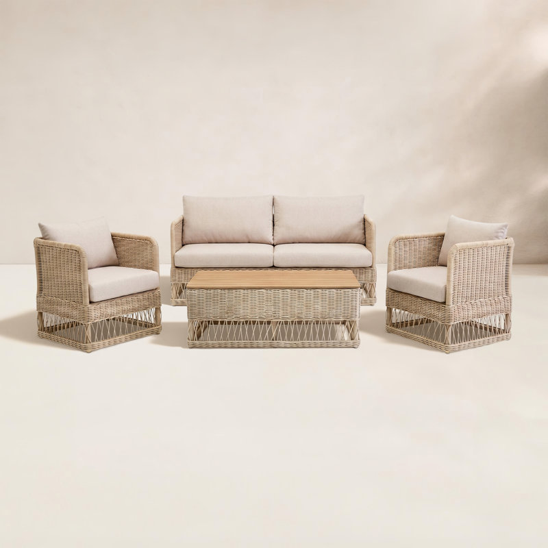 Destin Natural 4-Piece Sunbrella® Outdoor Patio Seating Set - Canvas Linen, Canvas Linen, Brown