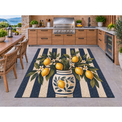 Tapis d'extérieur de 5 pi x 7 pi avec pot de céramique en forme de branche de citron en PVC imperméable, tapis de patio robuste, tapis d'extérieur à séchage rapide pour entrée de balcon de porche de cuisine.