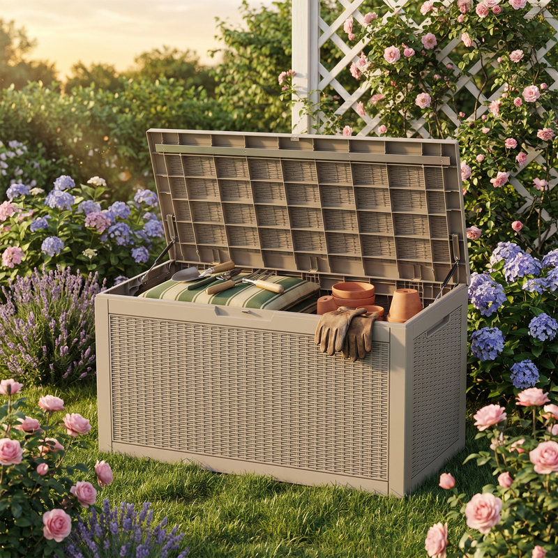 Boîte de rangement extérieure 120 gallons, boîte de rangement en résine imperméable et verrouillable avec siège, Gris