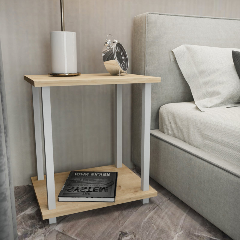 Calvester Nightstand - Modern Square End Table with Lower Shelf, White/Oak