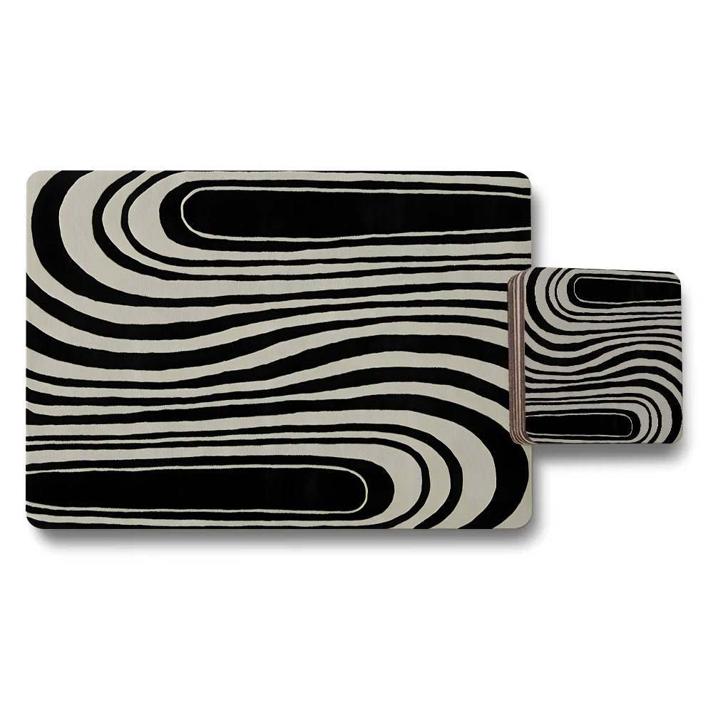 Abstract Wavy Line Placemats and Coaster Set Black and Beige