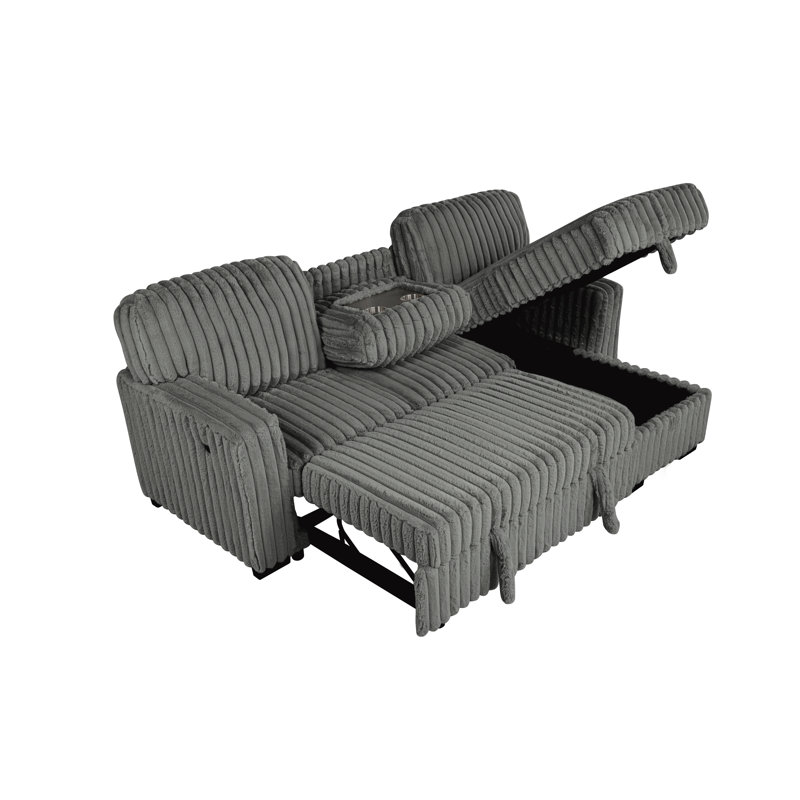 2 Piece Corduroy Sectional With Pull Out Sleeper Sofa Bed And Reversible Storage Chaise, Dark Gray Corduroy