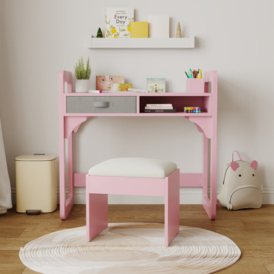 Kids Wooden Desk and Chair Set with Cloth Drawer and Pen Holder, Adjustable Study and Writing Table for Boys and Girls by Latitude Run