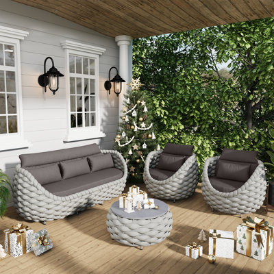 Ensemble de conversation d'extérieur en aluminium tissé à la main avec cordes en polyester 5 pièces pour 5 personnes avec coussins et table pour véranda