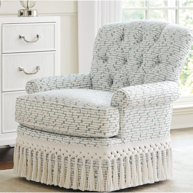White Tufted Swivel Chair with Tassel Skirt