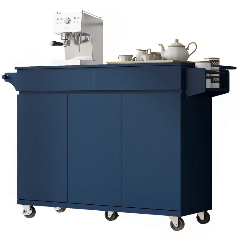 Îlot de cuisine de 53,2 po avec abattant, chariot de rangement de cuisine avec support à épices, porte-serviettes et 2 tiroirs, îlot de cuisine sur roulettes avec tablettes réglables pour la cuisine, la salle à manger