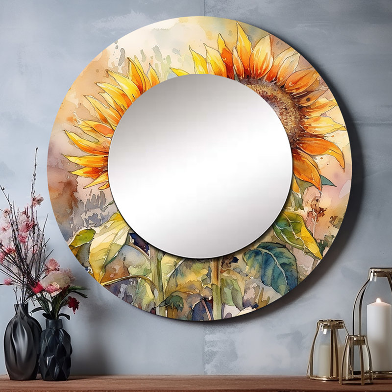 Paal jaune tournesol symphonie III - grand miroir mural tournesol, miroir rond jaune unique, reproduction d'art en métal