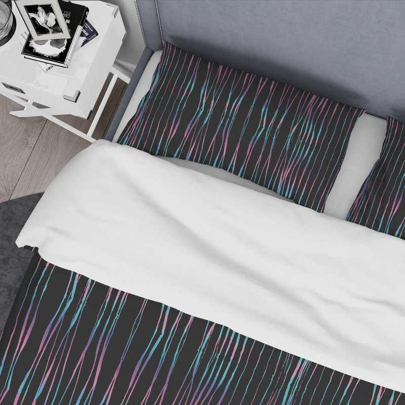 Motif rayé noir et rose - Ensemble de housse de couette abstrait - Microfibre de polyester