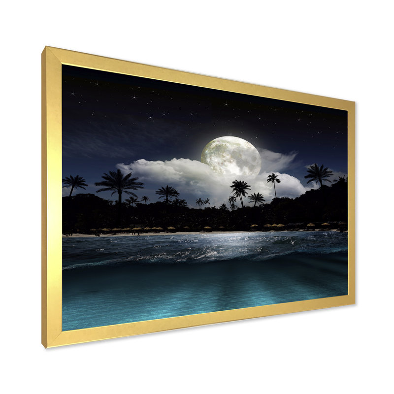 Bateau de pêche sous la pleine lune tropicale - photographie sur toile, H 24 po x l 32 po x P 1 po, Cadre doré