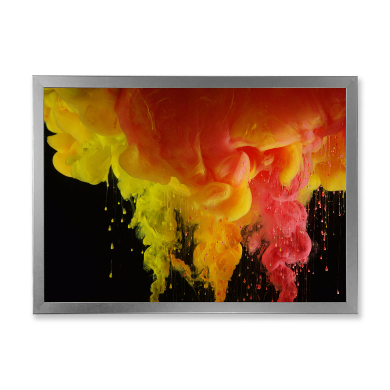 Rouge et jaune et encre liquide - Peinture sur toile, H 16 po x l 32 po x P 1 po, Cadre photo argenté