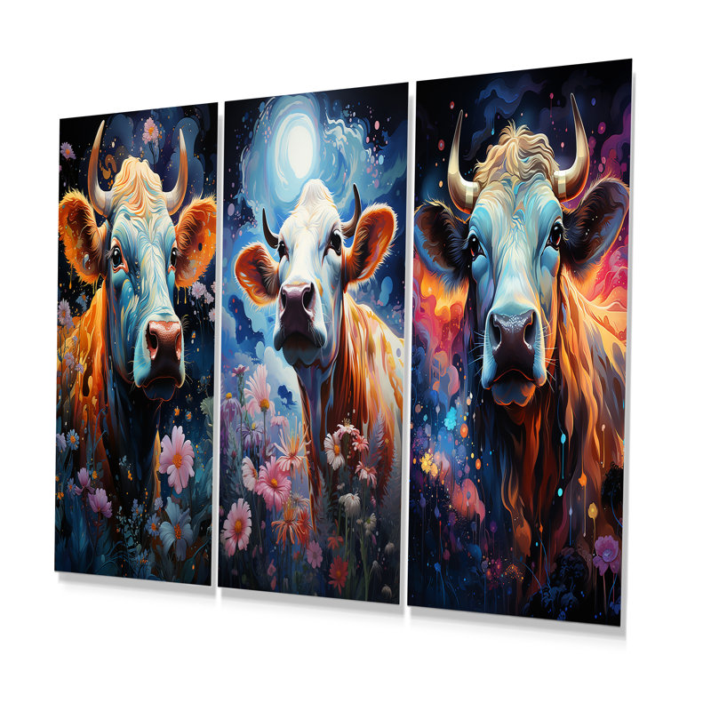 Vache fantastique dans un pays enchanté - ensemble de 3 pièces d'art mural en métal, H 32 po x l 48 po