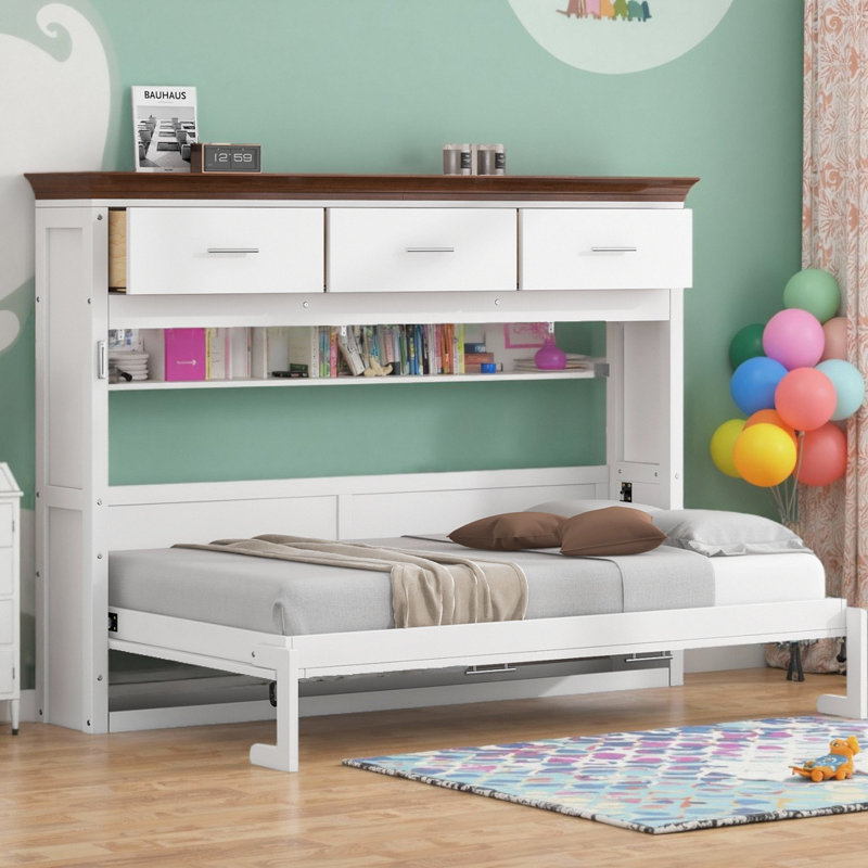 Armoire murale simple avec rangement à 3 tiroirs, lit escamotable blanc