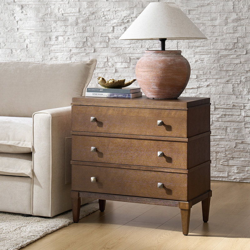 Taesan Transitional 27'' W 3-Drawer End Table with Charging Station and Solid Wood Legs, Walnut