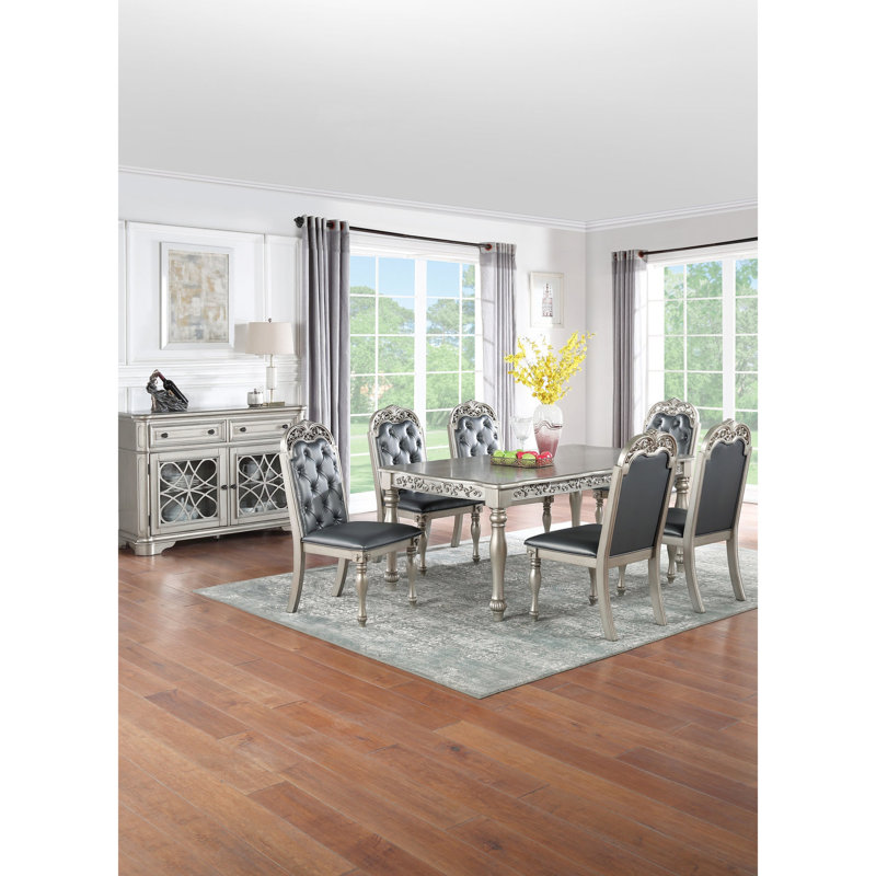 Table de salle à manger rectangulaire classique en argent / gris, en bois d'hévéa