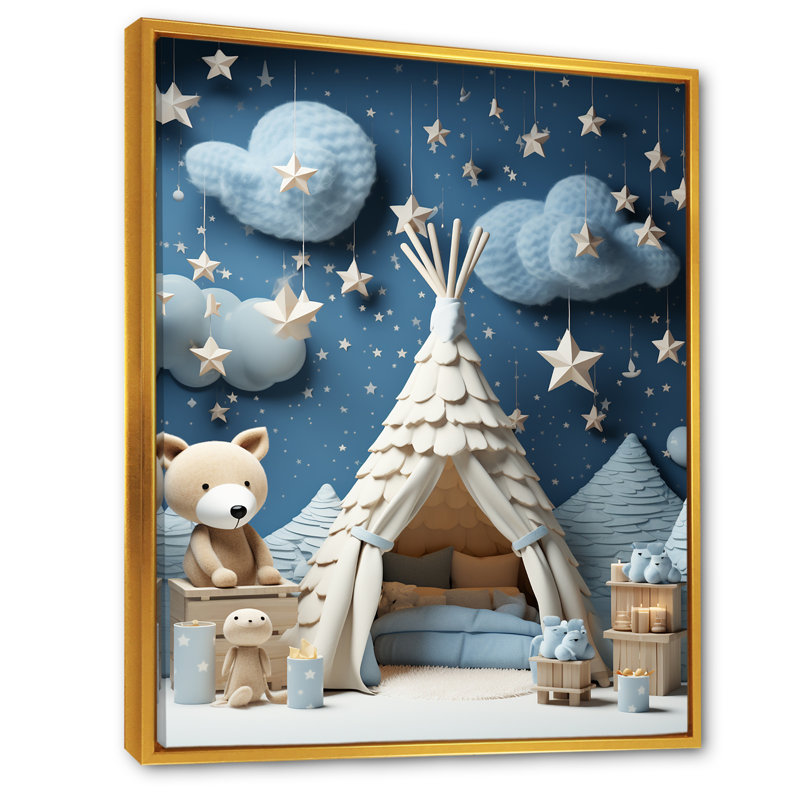 Child Nursery starry Night I - Animal Nursery, art mural, Cadre flottant doré, H 44 po x l 34 po x P 1,5 po