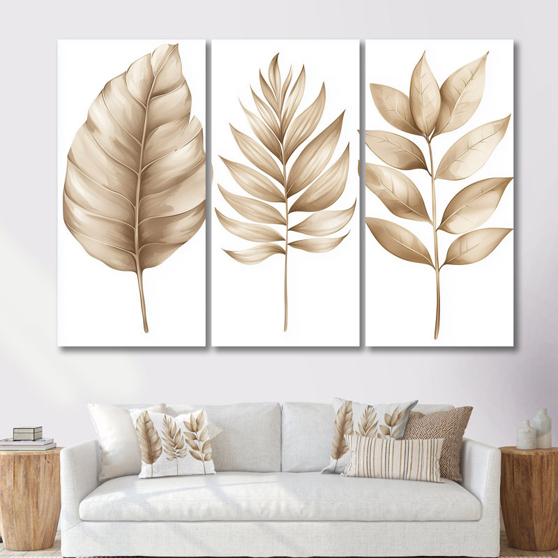Ensemble de décorations murales Minimalist Tropical Beiges Leaves III - Plantes, H 28 po x l 36 po x P 1 po, Toile tendue