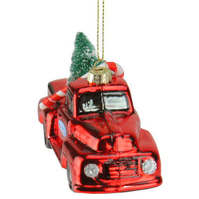 4" Red Vintage Ford Truck with Tree Glass Christmas Ornament