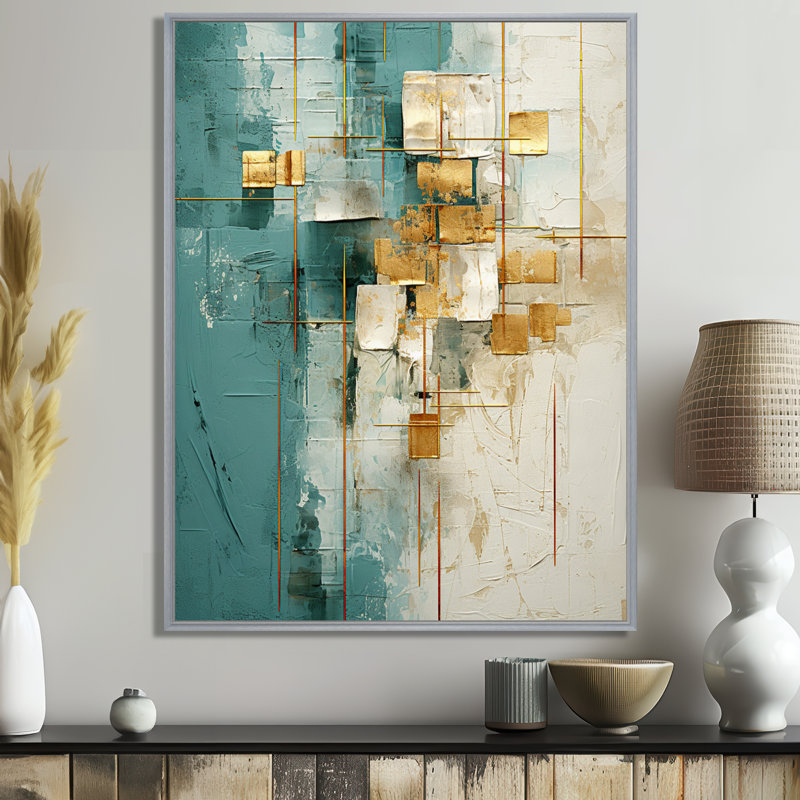 «California Sunshine Retro Abstract Gold Teal», reproduction d'art sur toile, H 32 po x l 16 po x P 1 po, Encadrement argenté