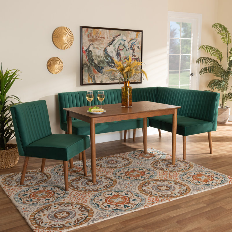 Frederickson Alvis Dining Chair Set, Emerald Green, 4Pieces: Corner Bench,Armless Bench,Chair,Table