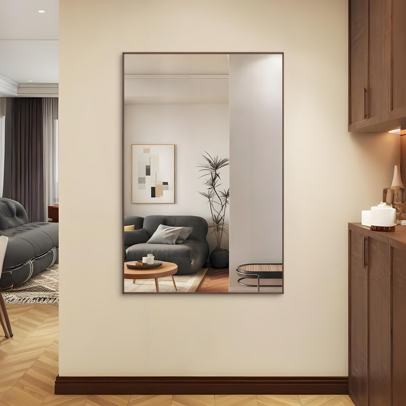 60×40" Oversized Rectangle Bathroom Mirror With Walnut Aluminum Frame, Wall Mounted Vanity Mirror With Removable Tray, Vertical & Horizontal Hanging For Bathroom Living Room Bedroom
