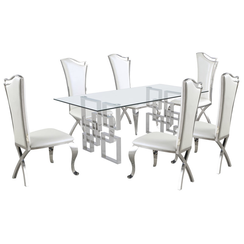 6 - Person Glass Top Double Pedestal Dining Set, White