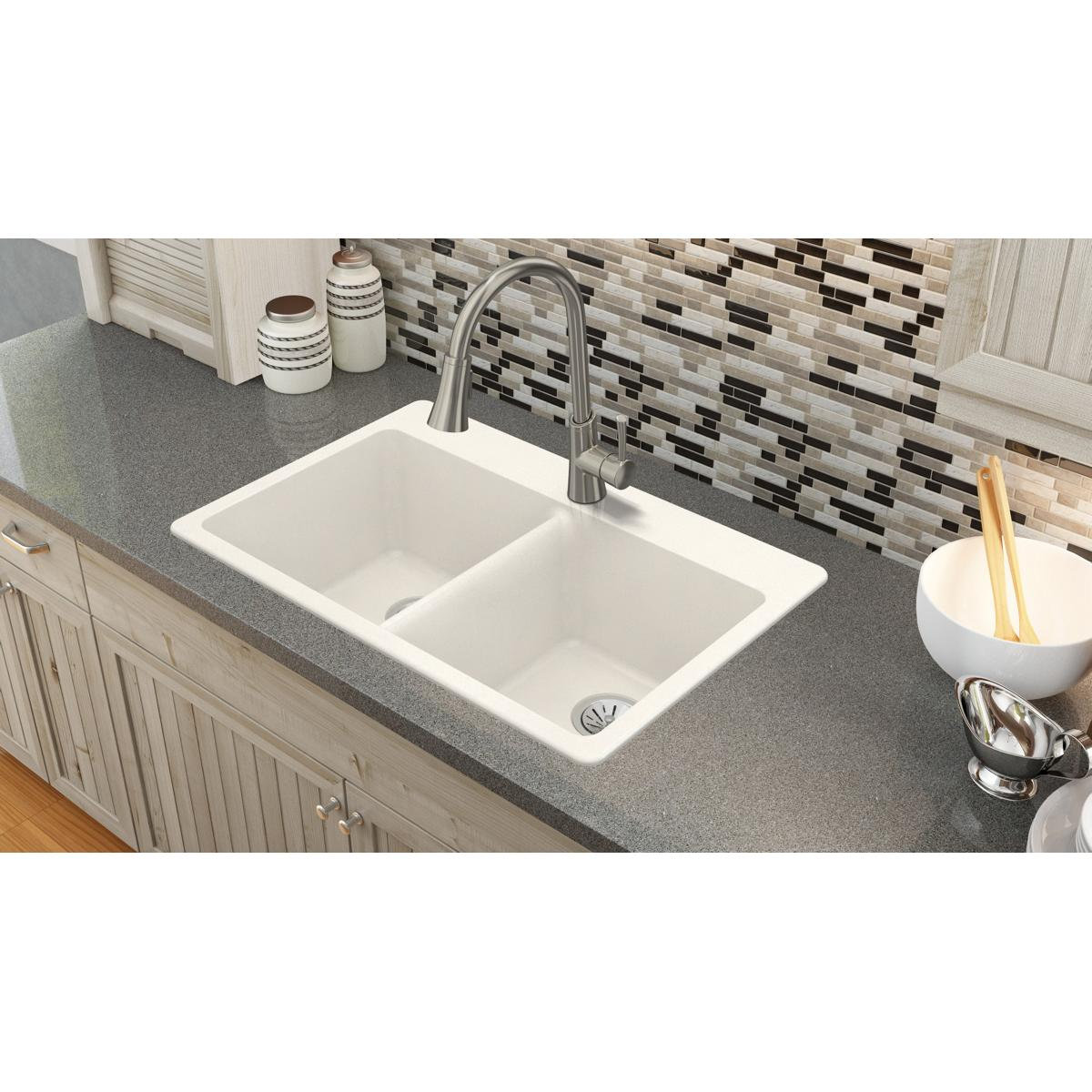 Quartz Luxe 33" Double Basin Drop-In Sink, Ricotta