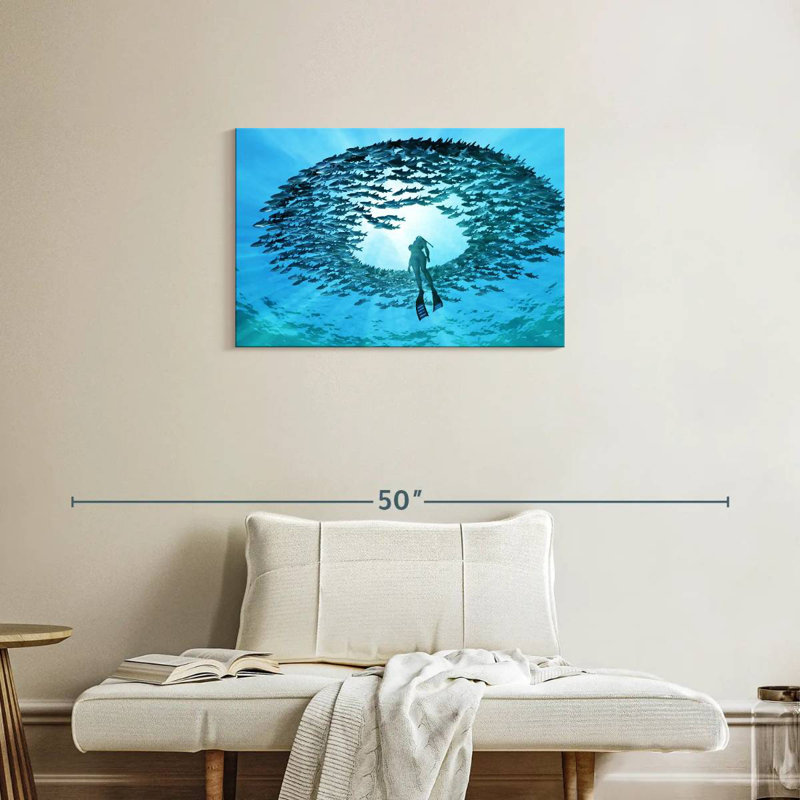 Senne plongeant avec des poissons, H 20 po x l 30 po