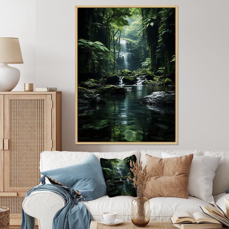 Waterfall Hidden Oasis Forest II, reproduction d'art sur toile, Cadre flottant érable, H 32 po x l 24 po x P 1 po