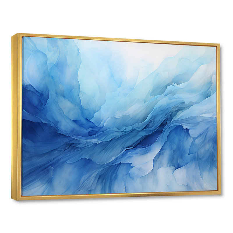 «Blue Emotional Tachisme Waves 1» - art mural tachisme, H 34 po x l 44 po x P 1,5 po, Cadre flottant doré