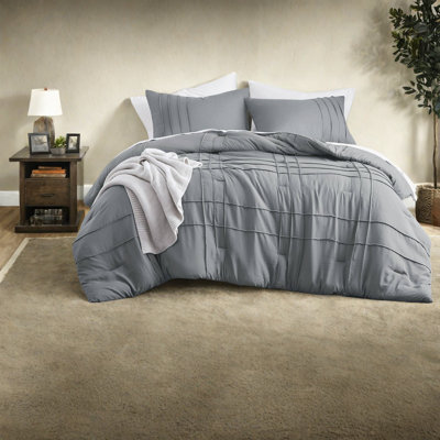 Chic Grey Bedding Set, Soft Microfiber Comforter With Pinch Pleats For Modern Home