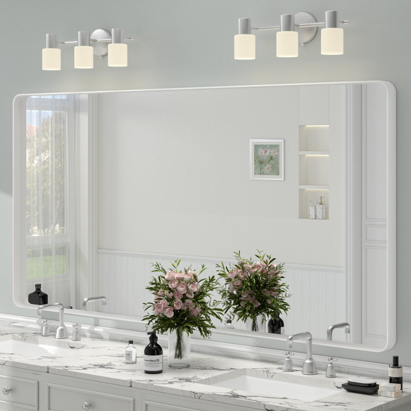 Miroir de salle de bain mural en verre trempé et métal Molly, 72 po x 36 po, Blanc, Rectangle(Rounded Corner)