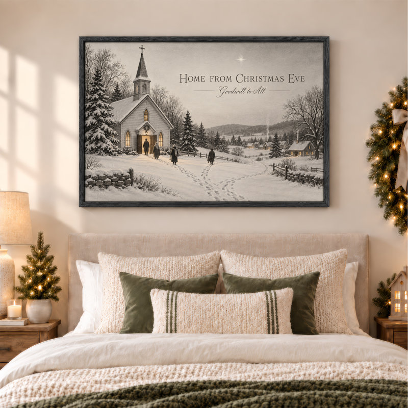 «White Church with Footprints in Snowy Winter Christmas», art mural sur toile, H 24 po x l 36 po