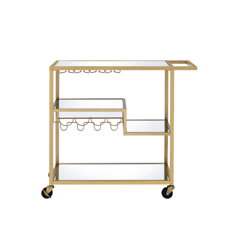 Chariot en miroir à finition champagne pour le service des boissons et des aliments, plateau et tablettes de miroir de 5 mm, cadre en métal, support pour bouteilles de vin / verres à pied, roulettes, 3 compartiments ouverts, capacité de poids de 70 lb, tablette de 40 lb